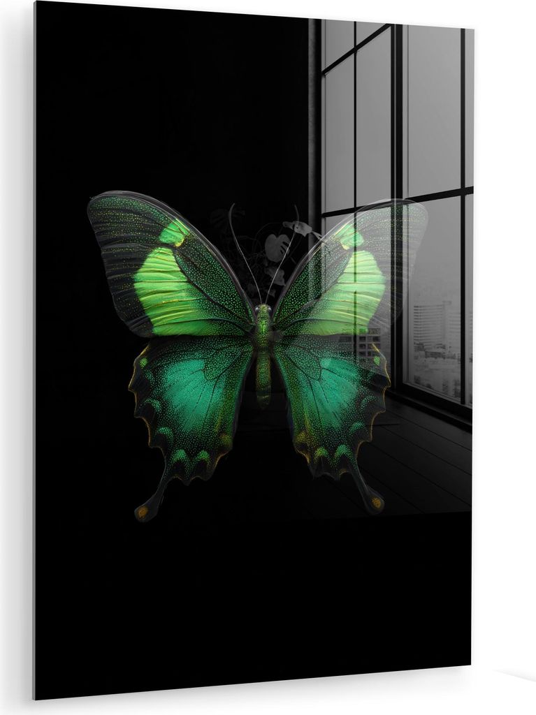 MuchoWow Glasbilder - Bilder auf Wandbild - Foto auf Glas Schmetterling - Grün - Blickfang 60x80 cm Wanddekoration aus Glas - Acrylglasbild - Acry...