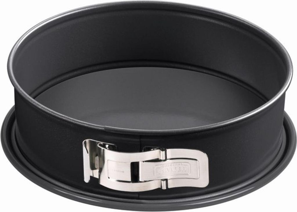 A black springform cake pan with a silver latch is shown against a white background.