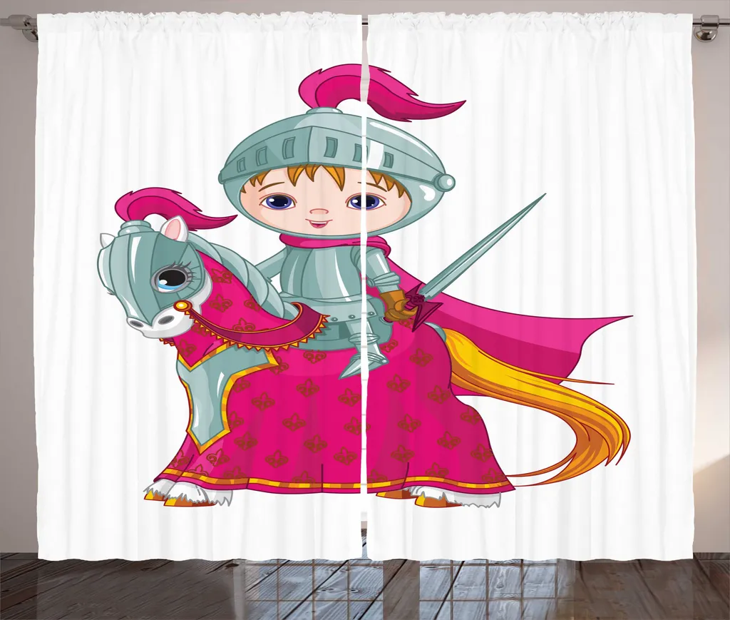 Rideau Enfant Facile à Poser Motif Poney Chevalier Magenta 280x225 cm