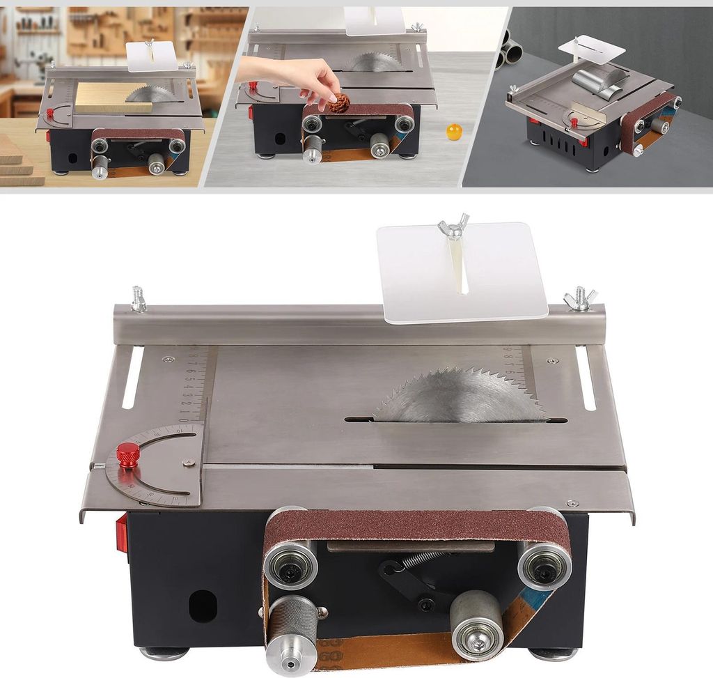 Mini Tischkreissäge - Tischsäge mit Bandschleifer - 200 W Leistung - Kompakt - Für Holz Kunststoff Stein Metall - Netzbetrieb AC - Grau