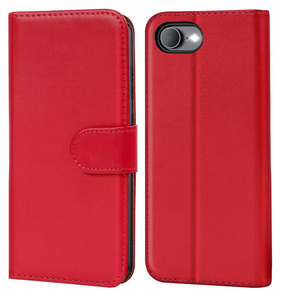 A red book-style phone case is shown open and closed.