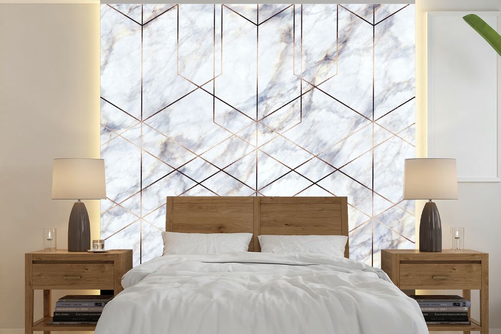 MuchoWow Fototapete für Wohnzimmer oder Schlafzimmer Wandtapete Vinyl Motivtapete Marmor - Gold - Weiß - 240x240 cm - Schlafzimmer-Tapete