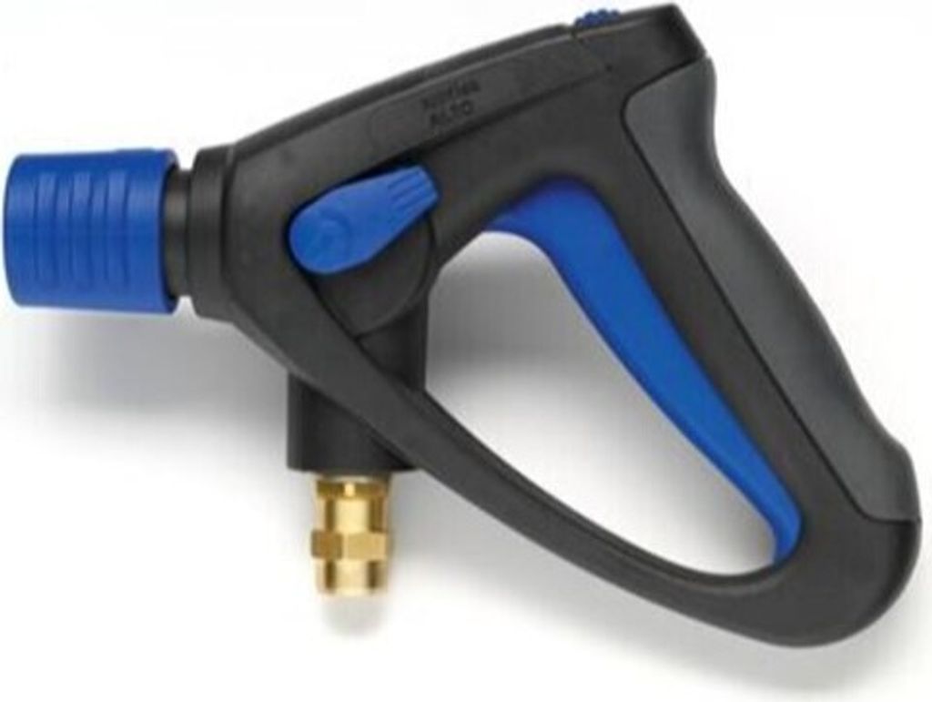 A pressure washer spray gun with a blue nozzle and trigger, on a white background.
