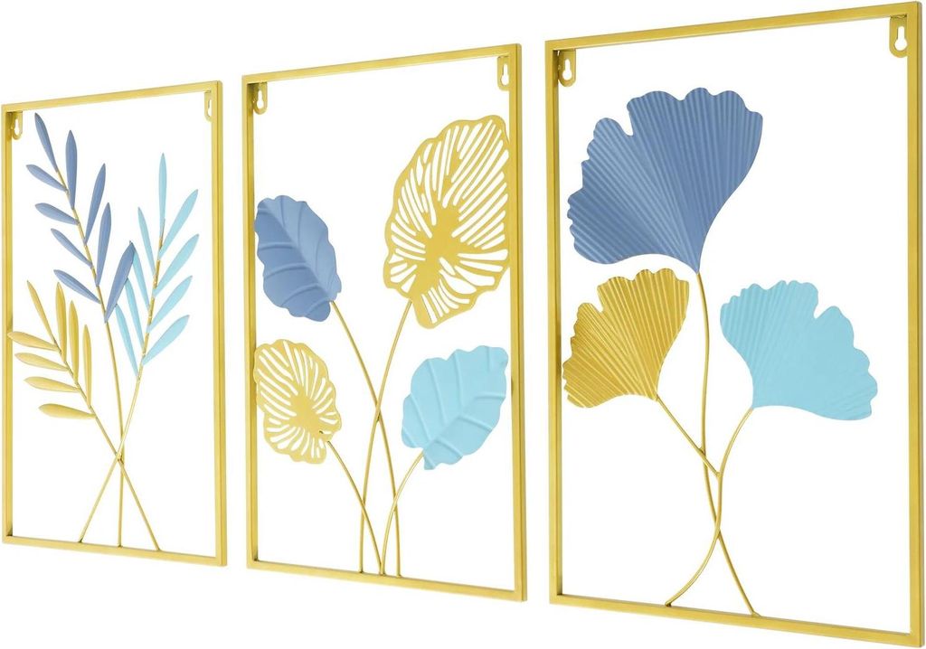 Metall Wandbilder - 3-teiliges Set - Ginkgo & Ähren Motiv - Mit Rahmen - Eisen - Rechteck Hochformat - Moderner Stil - Gold