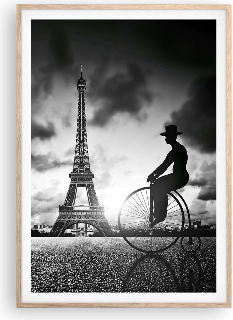 Gerahmtes Poster - Rahmen in heller Eiche - Paris Gentleman Fahrrad - 70x100 cm - Wand Bild - Wanddeko - Wandbilder - Wandposter - Bilderrahmen - B...