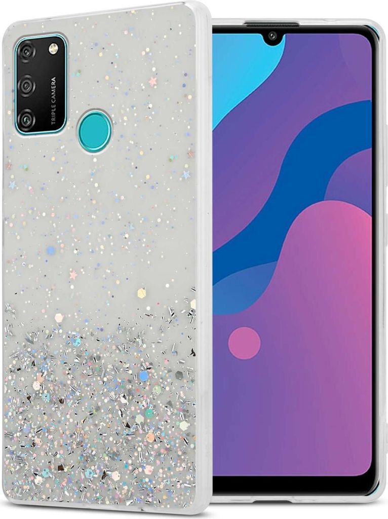 Cadorabo Hülle für Honor 9A in Transparent mit Glitter Schutzhülle aus flexiblem TPU Silikon mit funkelnden Glitter Case Cover Etui Handy Hülle