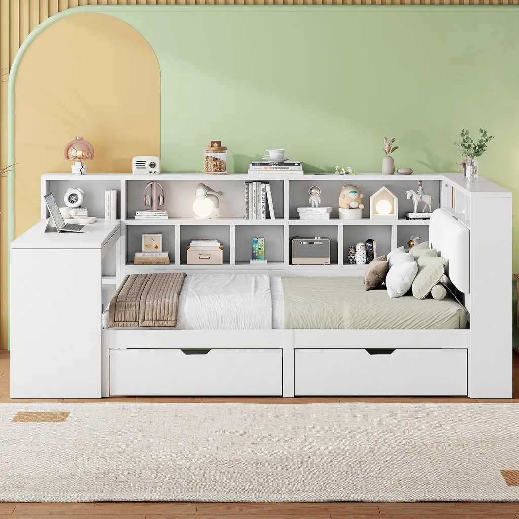 Lit Combiné 140x200 cm Blanc avec Bureau et Rangement LED Intégré