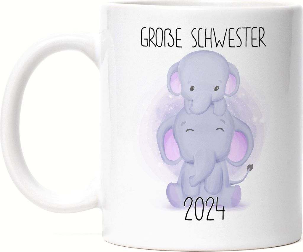 Große Schwester 2024 Tasse Weiß Geschwisterliebe Sister Elefant Geborgenheit Beschützer Familie Liebe Verantwortung