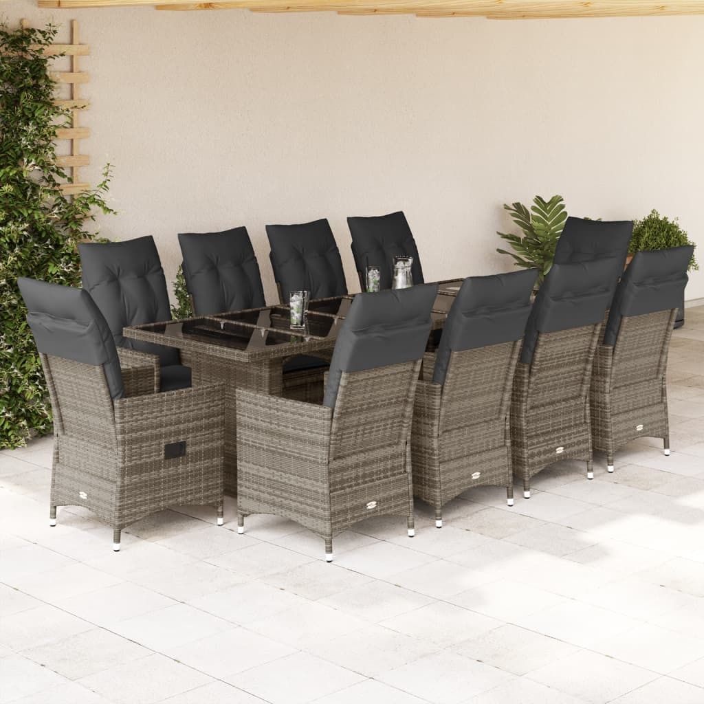 11-tlg. Garten-Bistro-Set mit Kissen Grau Poly Rattan, Gartenmöbel-Sets 2024 Neu