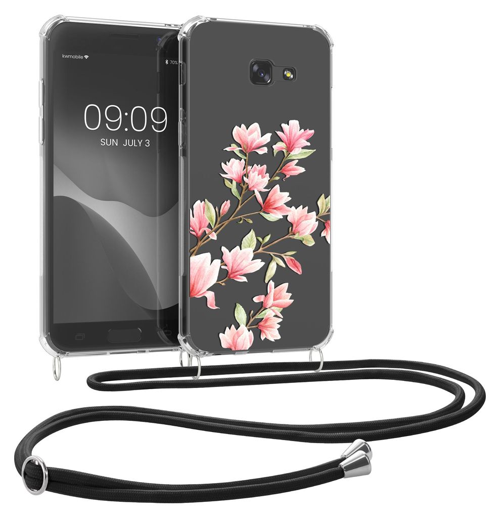 kwmobile Necklace Case kompatibel mit Samsung Galaxy A5 (2017) Hülle - Silikon Cover mit Handykette - Rosa Weiß Transparent Magnolien