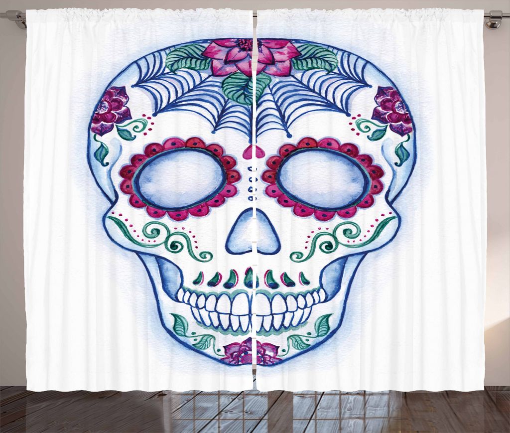 ABAKUHAUS Zuckerschädel Rustikaler Vorhang, Buntes Gekritzel, Wohnzimmer Universalband Gardinen mit Schlaufen und Haken, 280 x 225 cm, Mehrfarbig