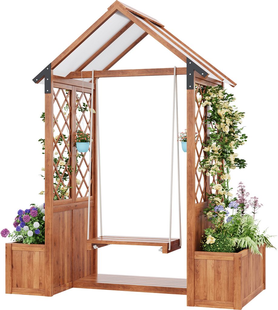 Spalier mit Blumenkasten und Schaukel, Holz-Pflanzengitter, Pflanzkasten, Rankgitter, Rankhilfe