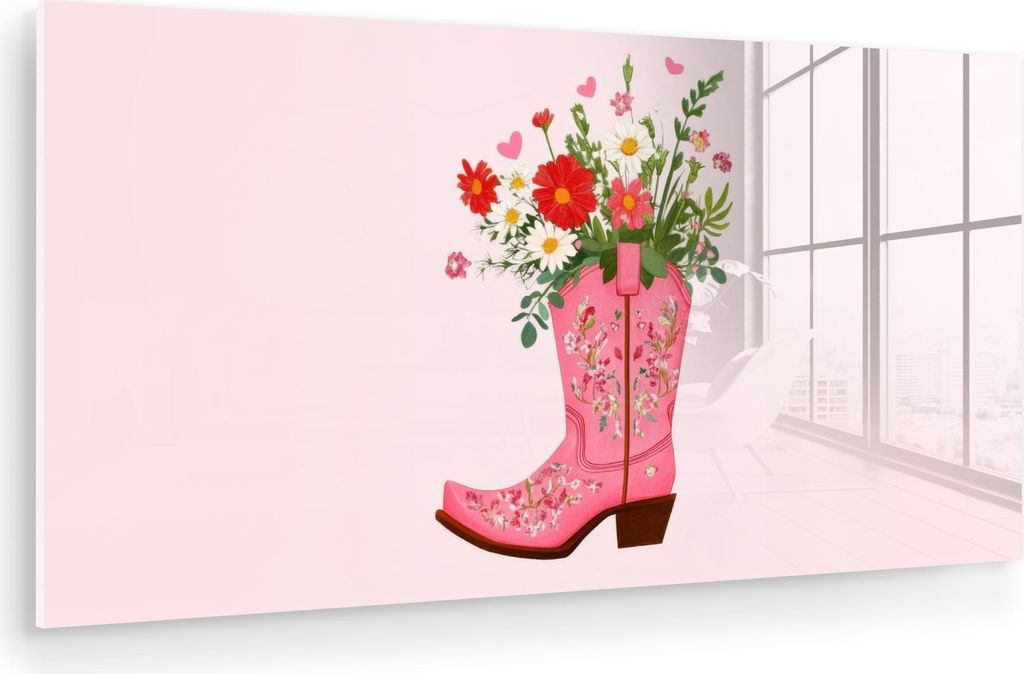MuchoWow Glasbilder - Bilder auf Wandbild - Foto auf Glas Cowboystiefel - Rosa - Strauß - Blumen 120x60 cm Wanddekoration aus Glas - Acrylglasbild...