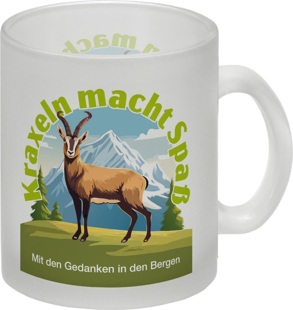 Steinbock Glas Tasse mit Spruch: Kraxeln: Spaß für Gedanken in Bergen.