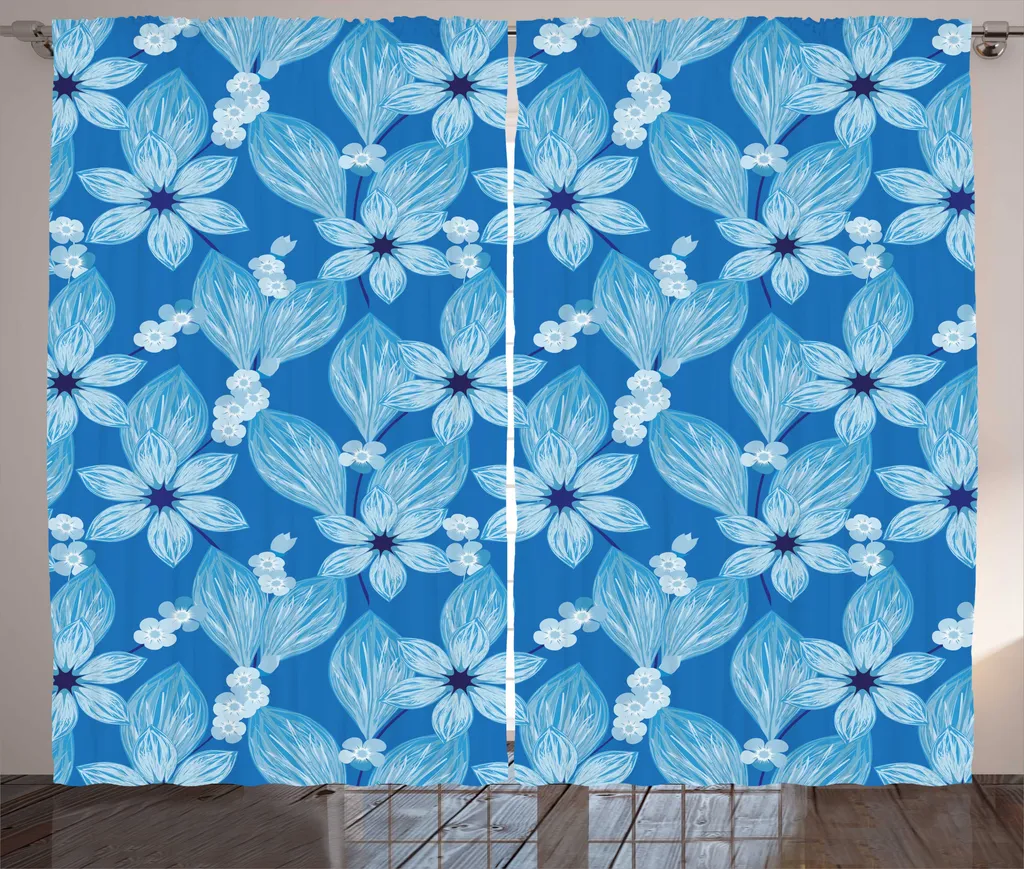 Rideau à fleurs rustiques avec ruban froncé et crochets bleu 280x225cm