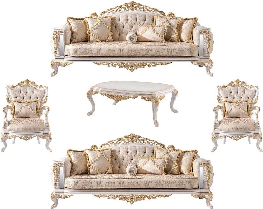Casa Padrino Luxus Barock Wohnzimmer Set Beige / Weiß / Gold - 2 Barock Sofas & 2 Barock Sessel & 1 Barock Couchtisch - Luxus Wohnzimmer Möbel im...