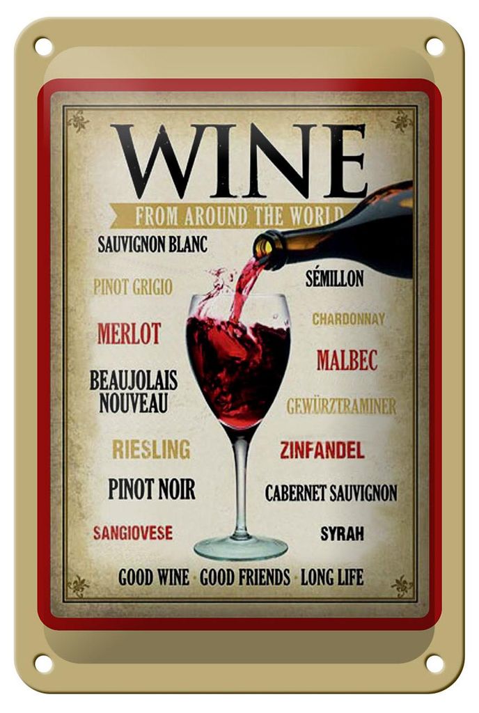 Blechschild Alkohol 12x18 cm wine from around the world Deko Schild