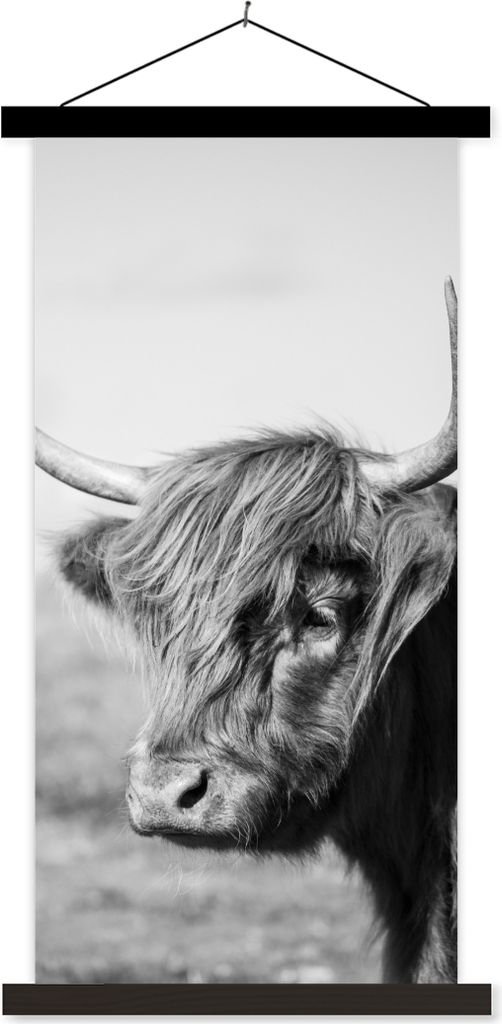 MuchoWow Textilposter Schottisches Hochlandrind - Tiere - Schwarz - Weiß 60x120 cm mit schwarzem Rahmen - Magnete