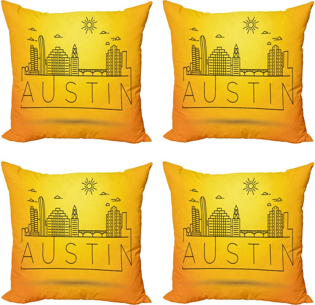 ABAKUHAUS Austin Kissenbezug Set (4 Stück), Minimal Texas Linear Skyline, Moderner Doppelseitiger Digitaldruck, 50 cm x 50 cm, Gelb und Orange
