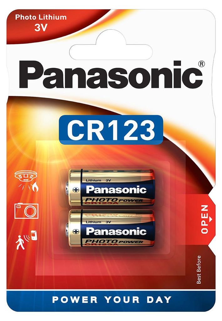 A retail package of two Panasonic CR123A Photo Lithium 3V batteries.