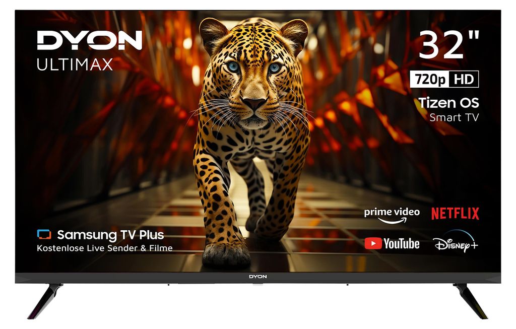 A television screen displaying a leopard and marketing text.