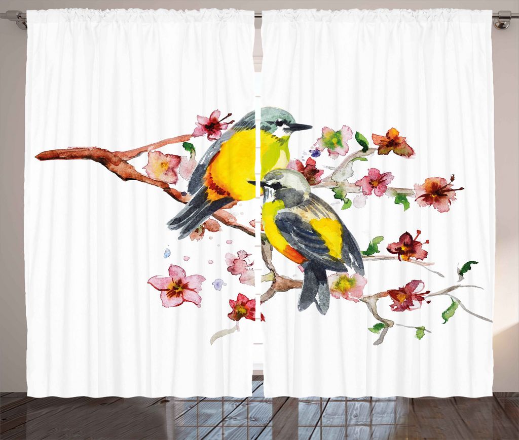 ABAKUHAUS Natur Rustikaler Gardine, Vögel auf den Zweigen, Schlafzimmer Kräuselband Vorhang mit Schlaufen und Haken, 280 x 175 cm, Braun und Gelb