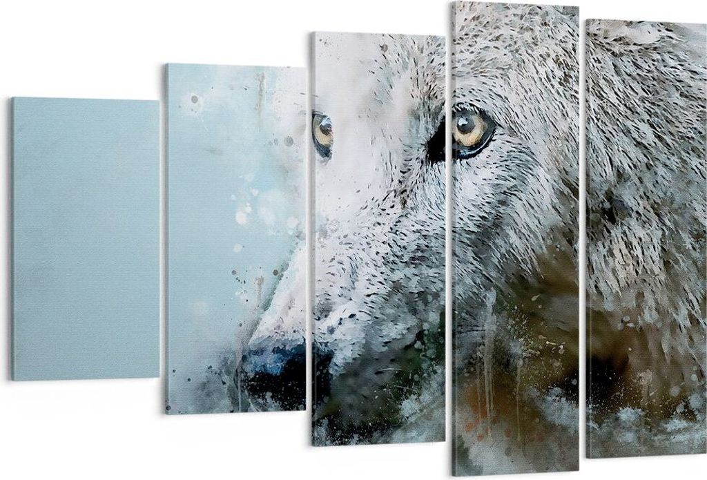 Bild auf Leinwand - Leinwandbild - 5 Teile - Weiß Der Wolf Bild - 150x100cm - Wand Bild - Wanddeko - Wandbilder - Leinwanddruck - Bilder - Wanddek...