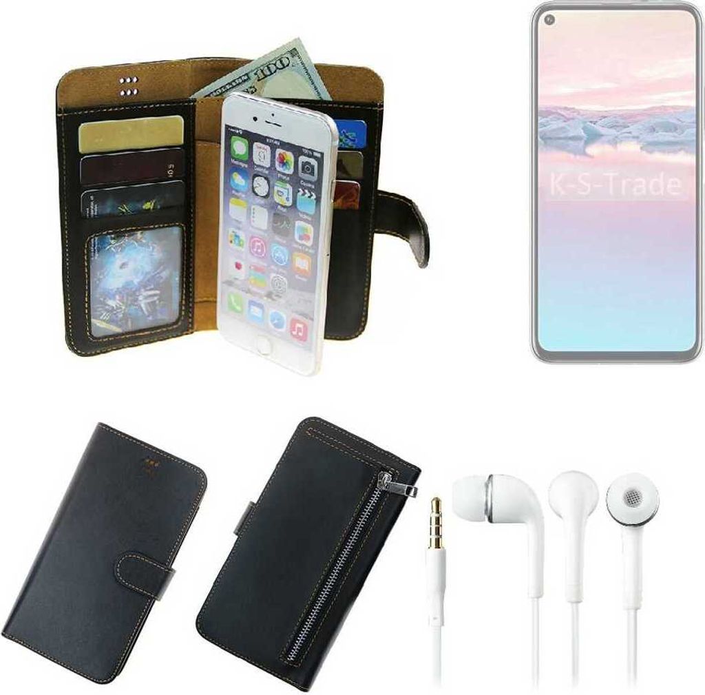TOP SET Handy Hülle Schutz Hülle kompatibel mit Huawei Honor 20 Pro schwarz aus Kunstleder + Kopfhörer Smartphone Tasche vollwertige Geldbörse
