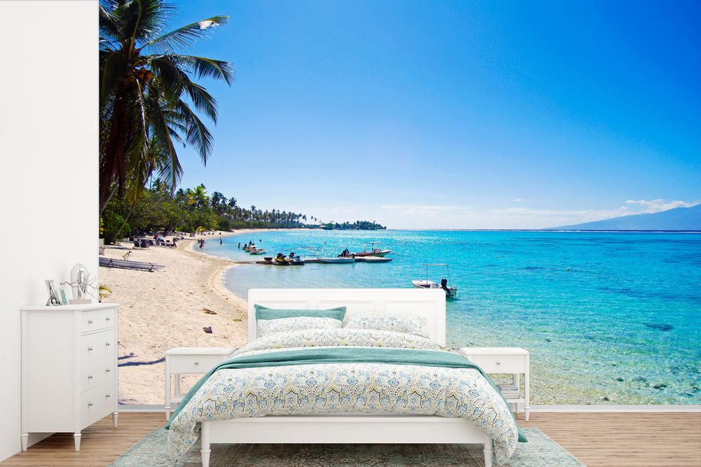 MuchoWow Fototapete für Wohnzimmer oder Schlafzimmer Wandtapete Vinyl Motivtapete Das Ufer des Strandes auf der Insel Moorea in Französisch-Pol...