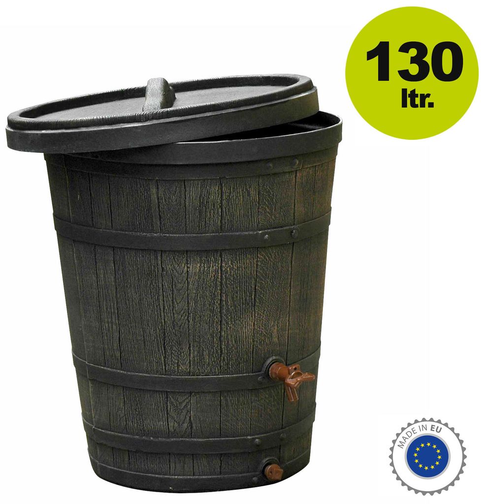 A dark gray barrel-shaped rain barrel with a lid ajar, a spigot, and a small drain at the bottom. A green circle with text and a circular badge with the EU flag are present.