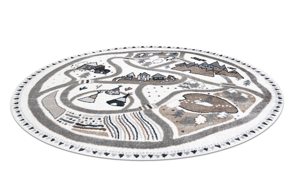 Teppich FUN Land für Kinder, Dorf, Straßen, Kreis - creme beige rund 140 cm