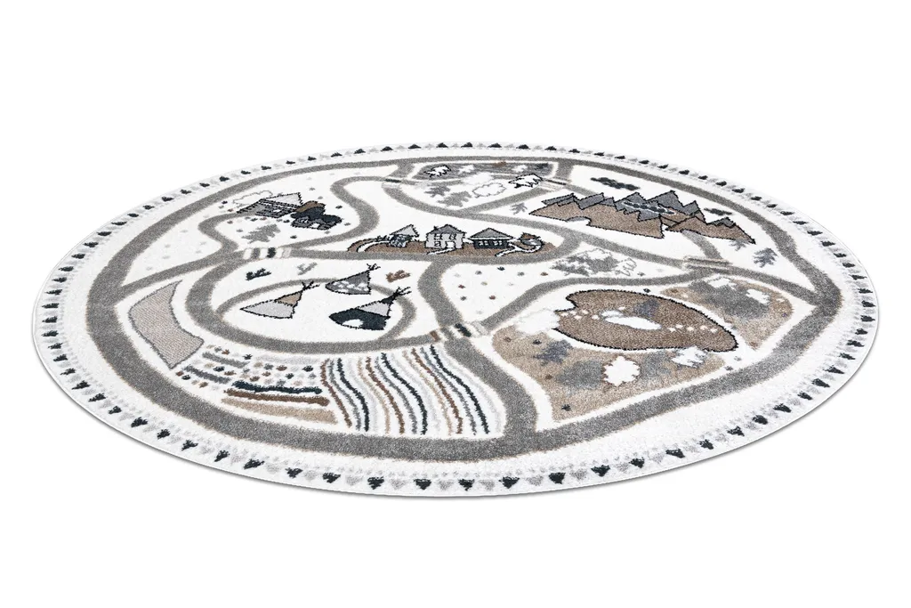 Tapis enfant motif village FUN Land rond beige crème diamètre 100 cm