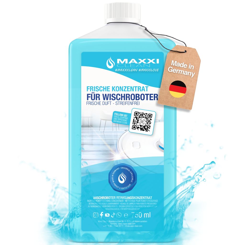 A bottle of blue cleaning concentrate for robot mops, with water splashes around it.