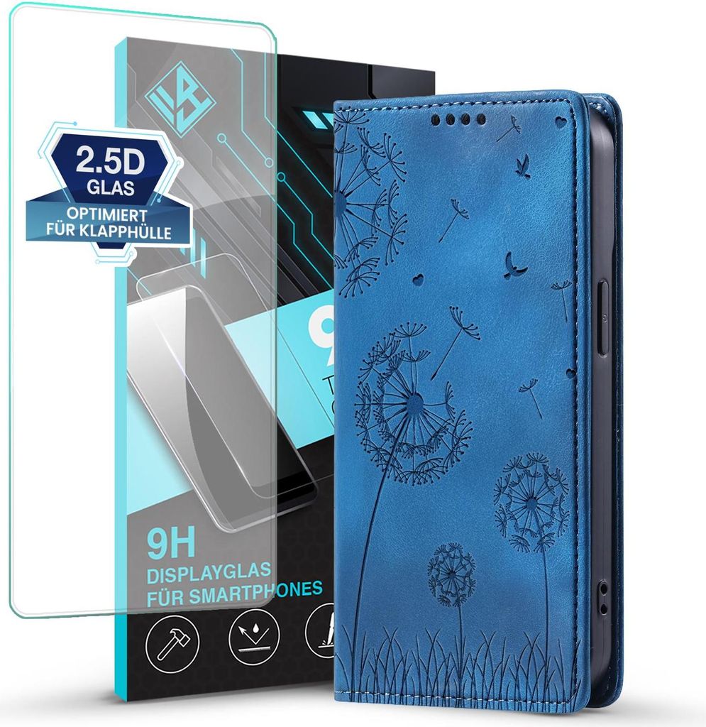Handyhülle für Xiaomi 15T Pro RFID Schutz Klapphülle Case Cover Design Blume Pusteblume Schutzhülle mit 9H Displayglas Farbe: Blau