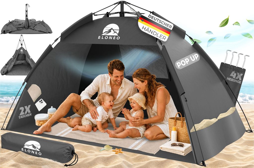 ELONEO Pop-Up Strandmuschel mit UV-Schutz 80+, leichter Aufbau, kompakt, Tragetasche, Sonnenschutz & Windschutz für Kinder und Erwachsene - XL Grau