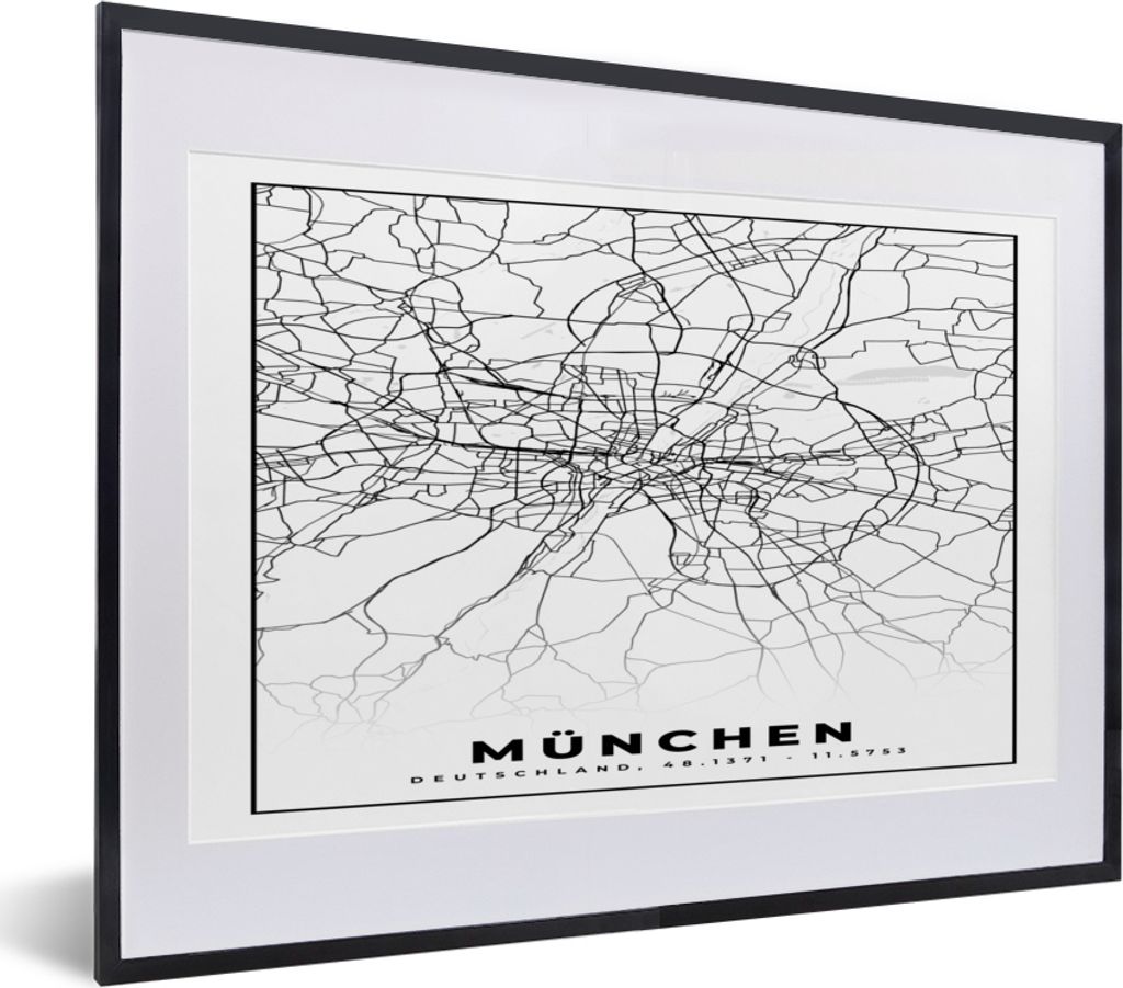 MuchoWow Gerahmtes Poster München - Karte - Stadtplan 40x30 cm - Poster mit Schwarzem Bilderrahmen Wandposter Rahmen Foto Bilder - Bilderrahmen ...