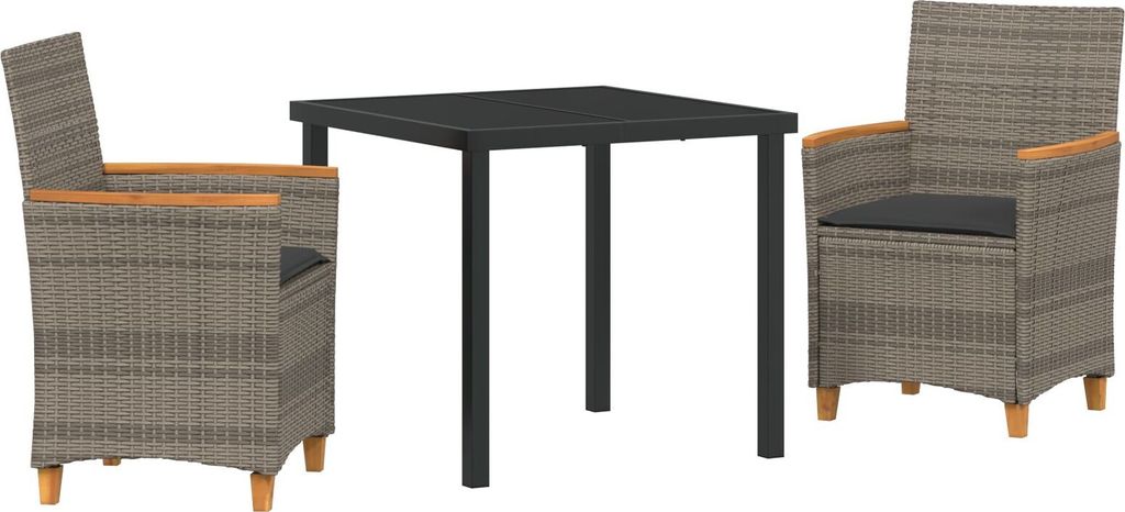 3-teiliges Garten-Dining-Set mit Kissen in Grau aus Poly-Rattan, Gartenstühle DesignMöbel Neu