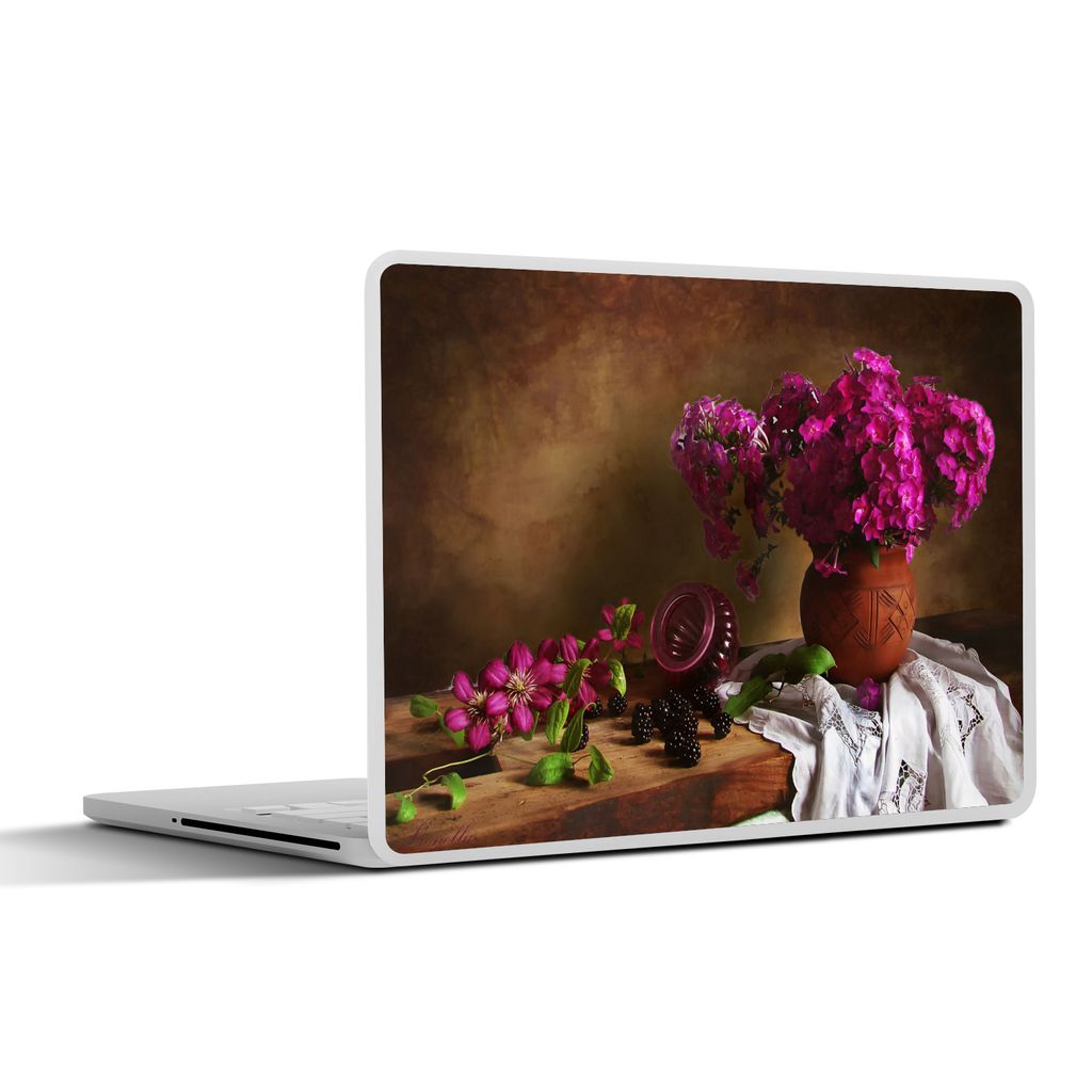 MuchoWow Laptop Aufkleber Sticker Cover Rustikal - Blumen - Rosa - Vase - Stilleben 31x22.5 cm - Laptop-Deko