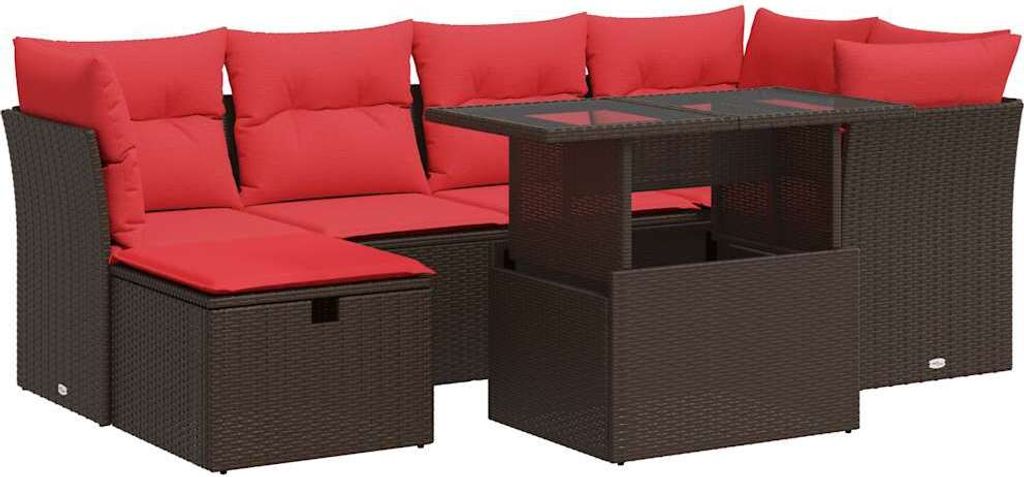 7-tlg. Garten-Sofagarnitur mit Kissen Braun Poly Rattan Akazie