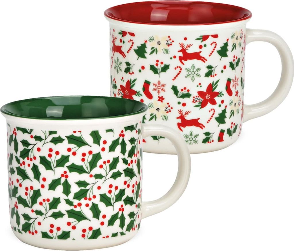 Große Email-Optik Weihnachts-Tassen 2er Set grün rot 400 ml