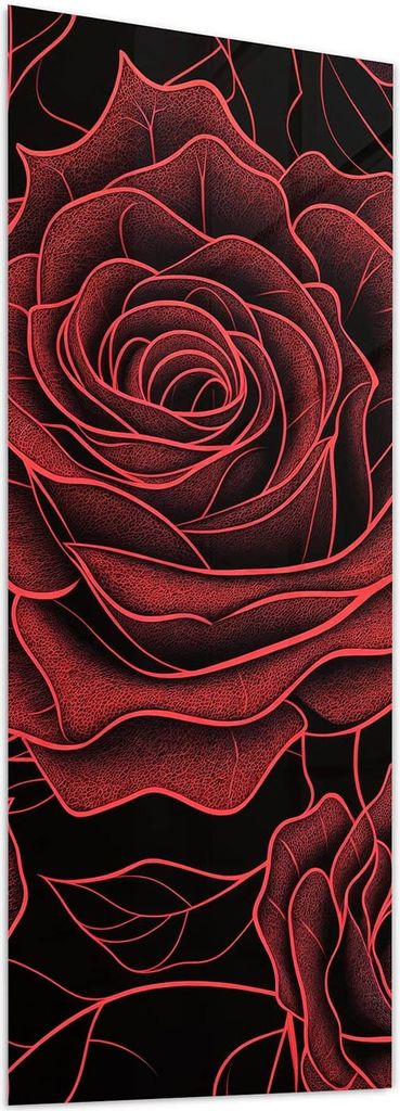 Glasbild 50x125cm in XXL für Wohnzimmer, Schlafzimmer Motiv Rosenmuster Schwarz