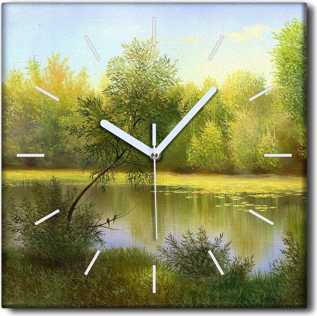 Coloray Uhr auf Leinwand 30x30 cm Wand Uhr Dekoration Wohnzimmer Segeltuch weiße Zeiger -Landschaftssee-Wald.