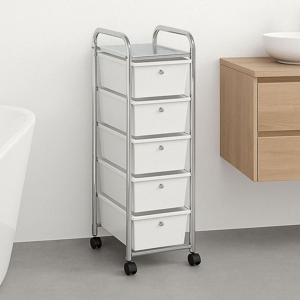 Rollcontainer GINA, chrom/weiß - Rollwagen mit 5 Produktbild 