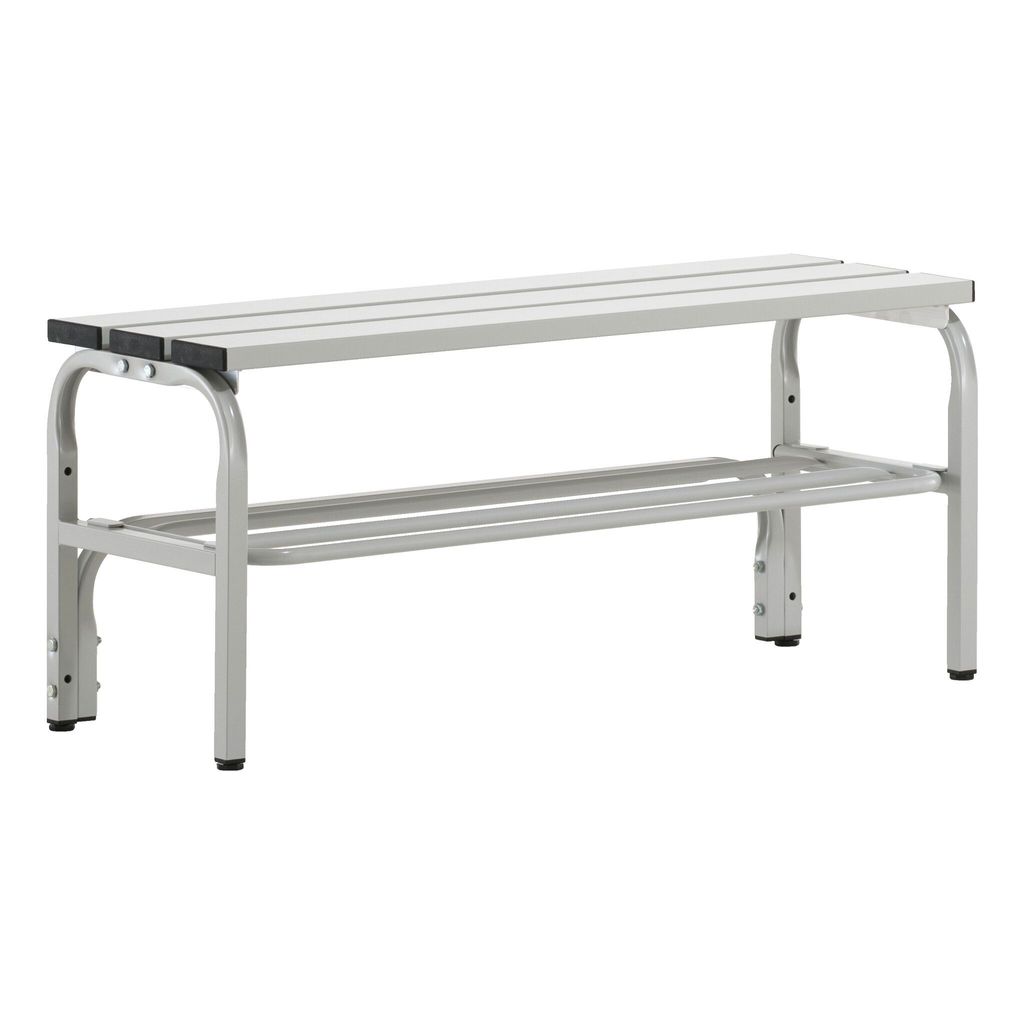 Sitzbank mit Aluleisten, ohne Schuhrost, Edelstahl/Alu, TxH 350x450 mm, Länge 1015 mm, RAL 7035