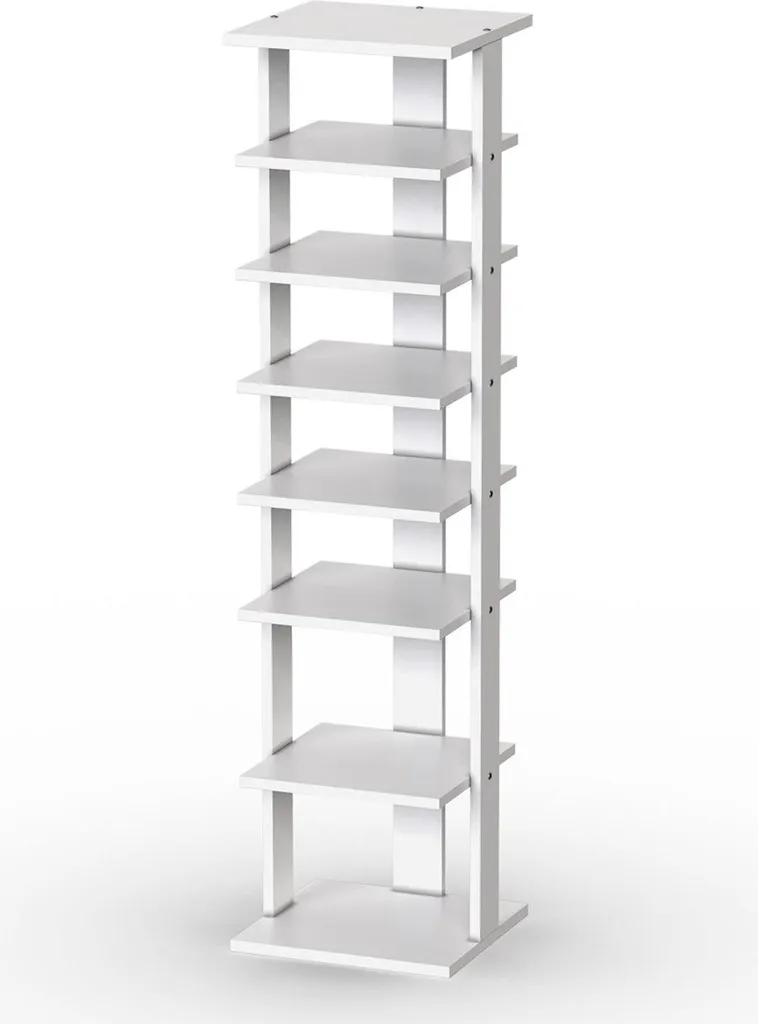 Étagère à chaussures en bois blanc - Organiseur vertical à 8 niveaux