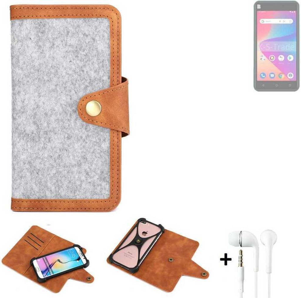 K-S-Trade Handyhülle + Kopfhörer kompatibel mit BLU Studio X10L 2022 Schutzhülle Filz Hülle Kunstleder hellgrau braun (1x)