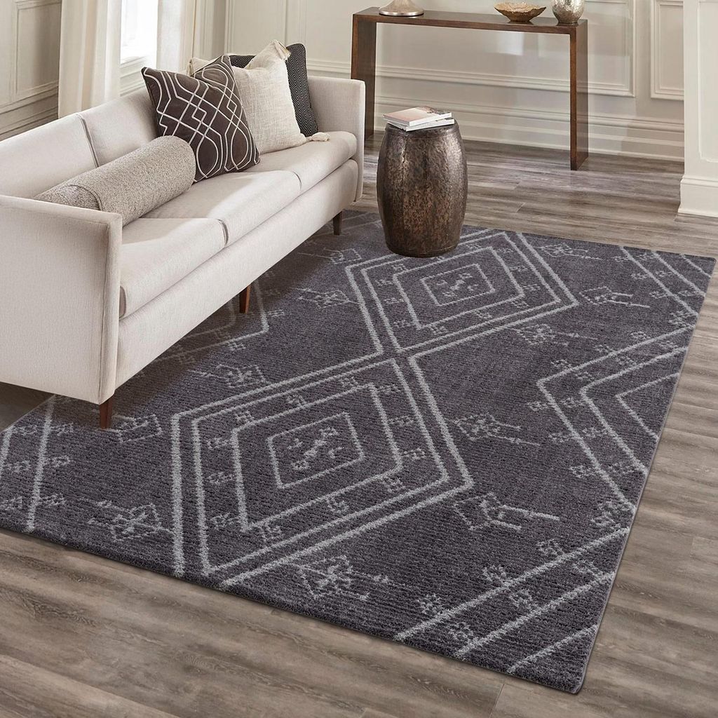 Teppich Wohnzimmer Grau - 140x200 cm - Raute, Azteken-Muster - Weiche Schlafzimmer-Teppiche