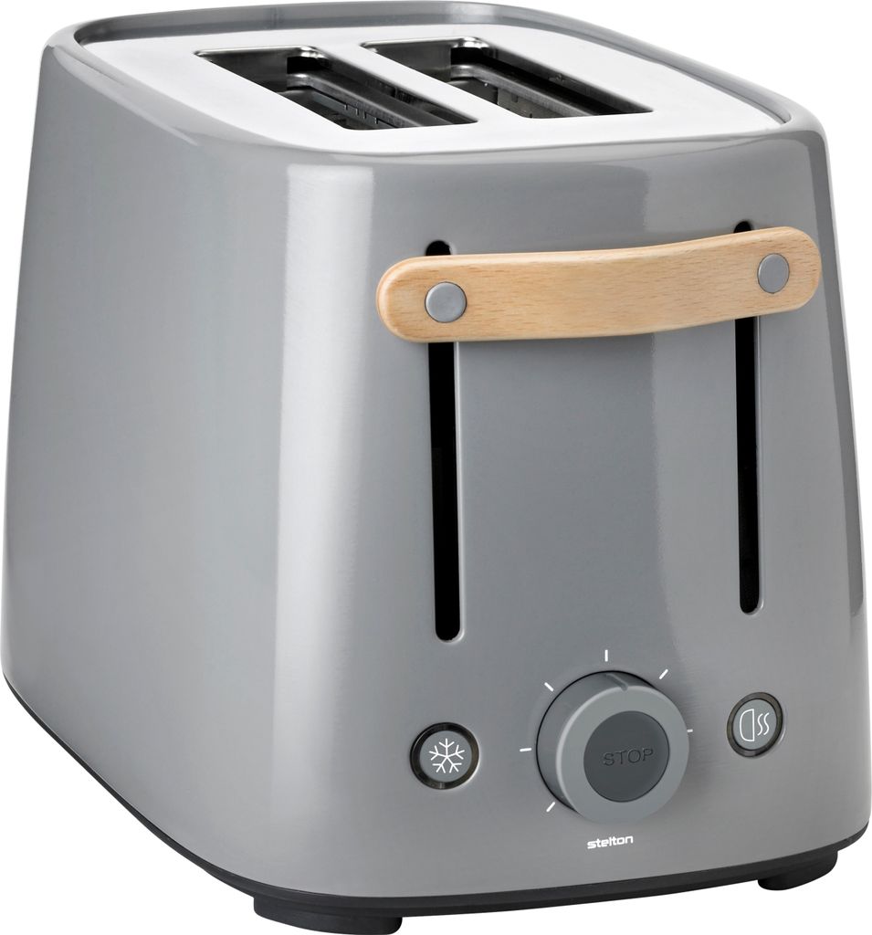 A grey two-slice toaster with a wooden handle and control knob.