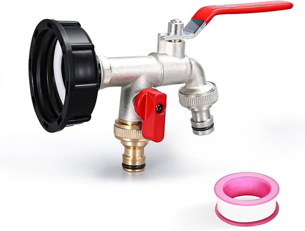 A product shot of a dual-outlet faucet adapter with a roll of plumber's tape.