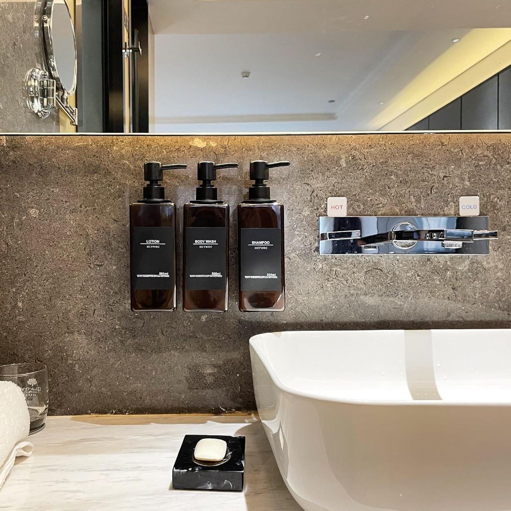 Wandmontierter Seifenspender, Shampooflaschen zum Befüllen mit 16 wasserdichten Etiketten, Spülmitteldispenser ohne Bohren, Badezimmer-Seifenspen...